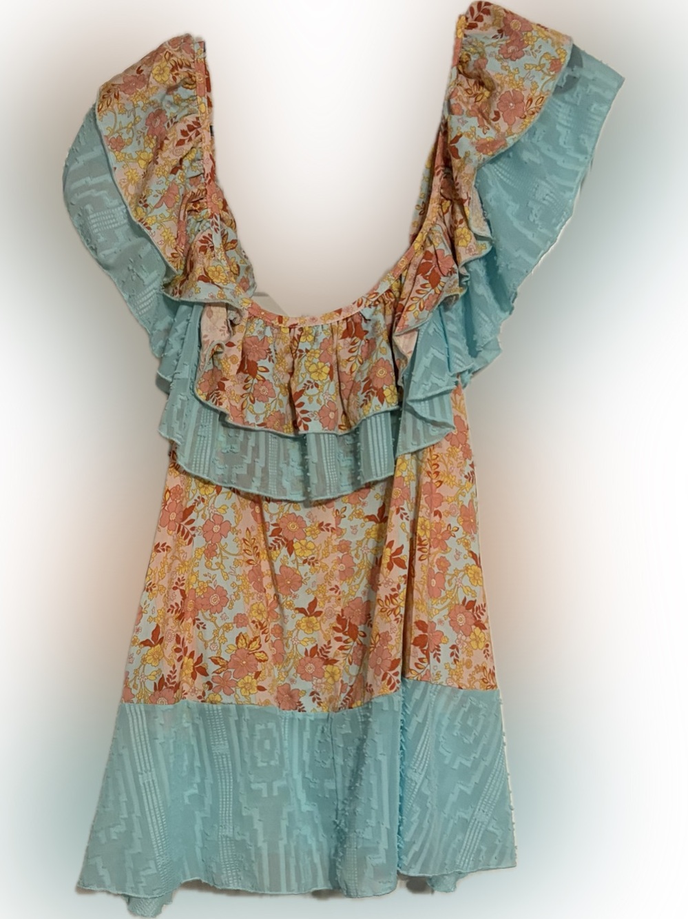 Sugarfox Floral Ruffle Tank Top in Aqua and Peach - Size S, NWT - Picture 2 of 5